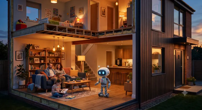 A cutaway view of a warm family home at dusk, each of five robot companions settled into a room of their own
